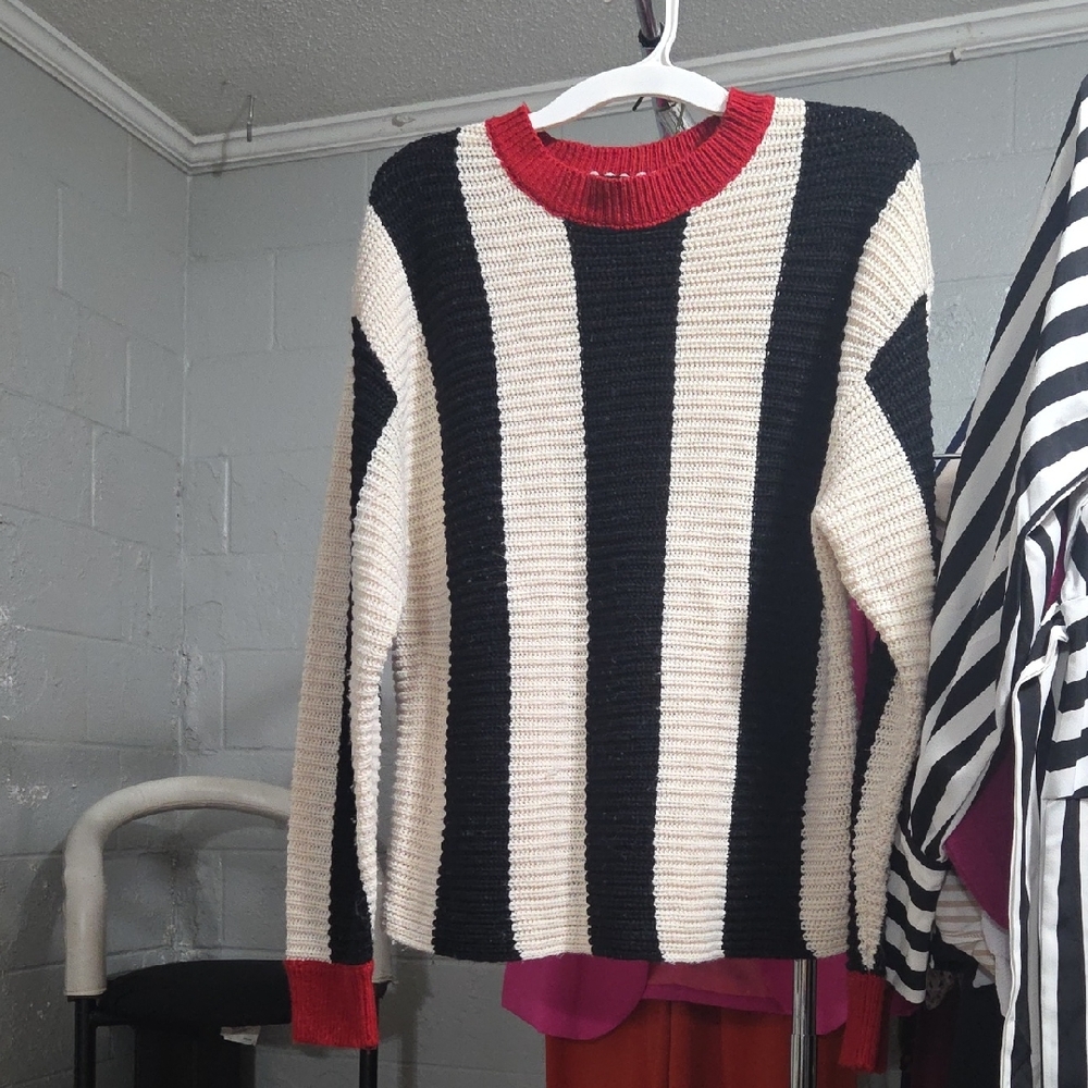 Striped Black and Cream Sweater with Red Accents